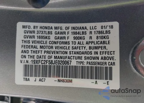 2018 Honda Civic Lx from USA, damaged, VIN 19XFC2F58JE020067